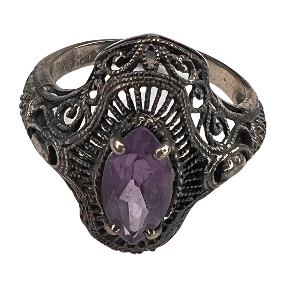 Vintage Amethyst Sterling Silver Filigree Art Deco Ring - Picture 2 of 8
